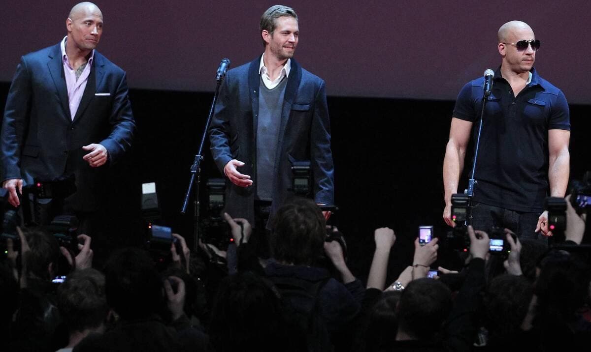 Dwayne Johnson, Paul Walker et Vin Diesel à la première de «Fast & Furious 5» à Moscou en 2011