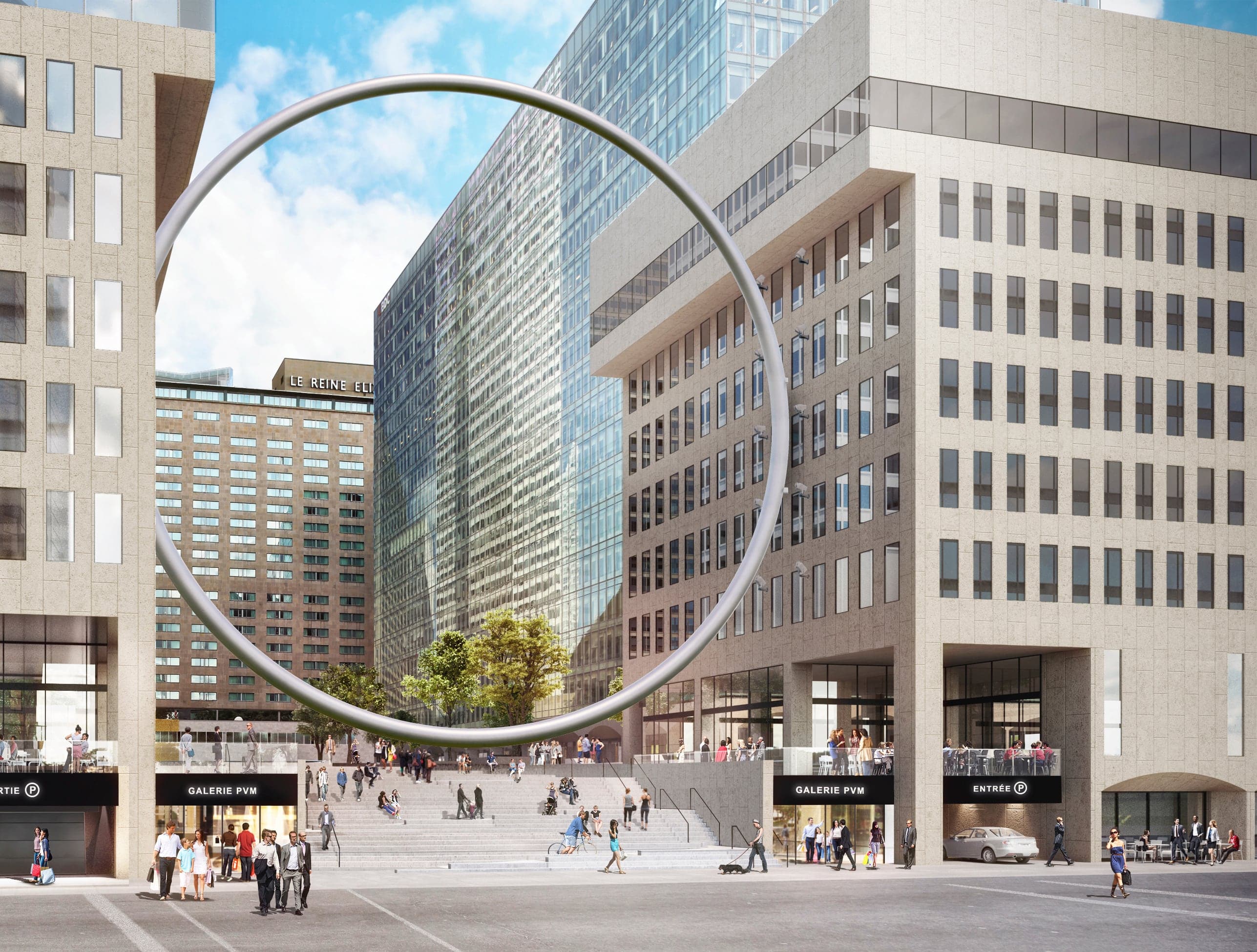 Voici à quoi ressemblera l’anneau de l’esplanade Place Ville Marie lorsqu’on la regardera à partir de l’avenue McGill College à Montréal.